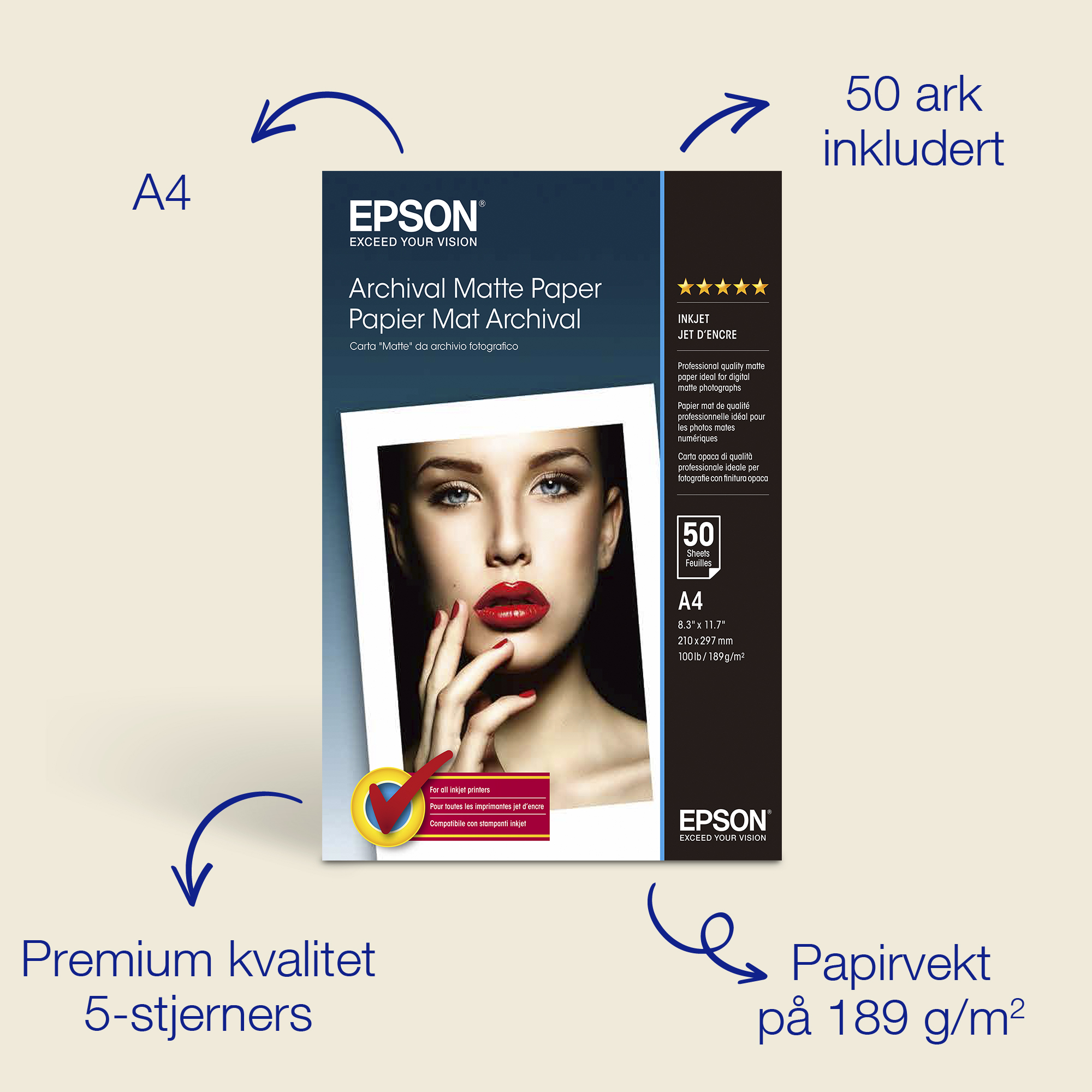 Epson A4 Archival Matte Photo Paper 189 gsm, 50 ark