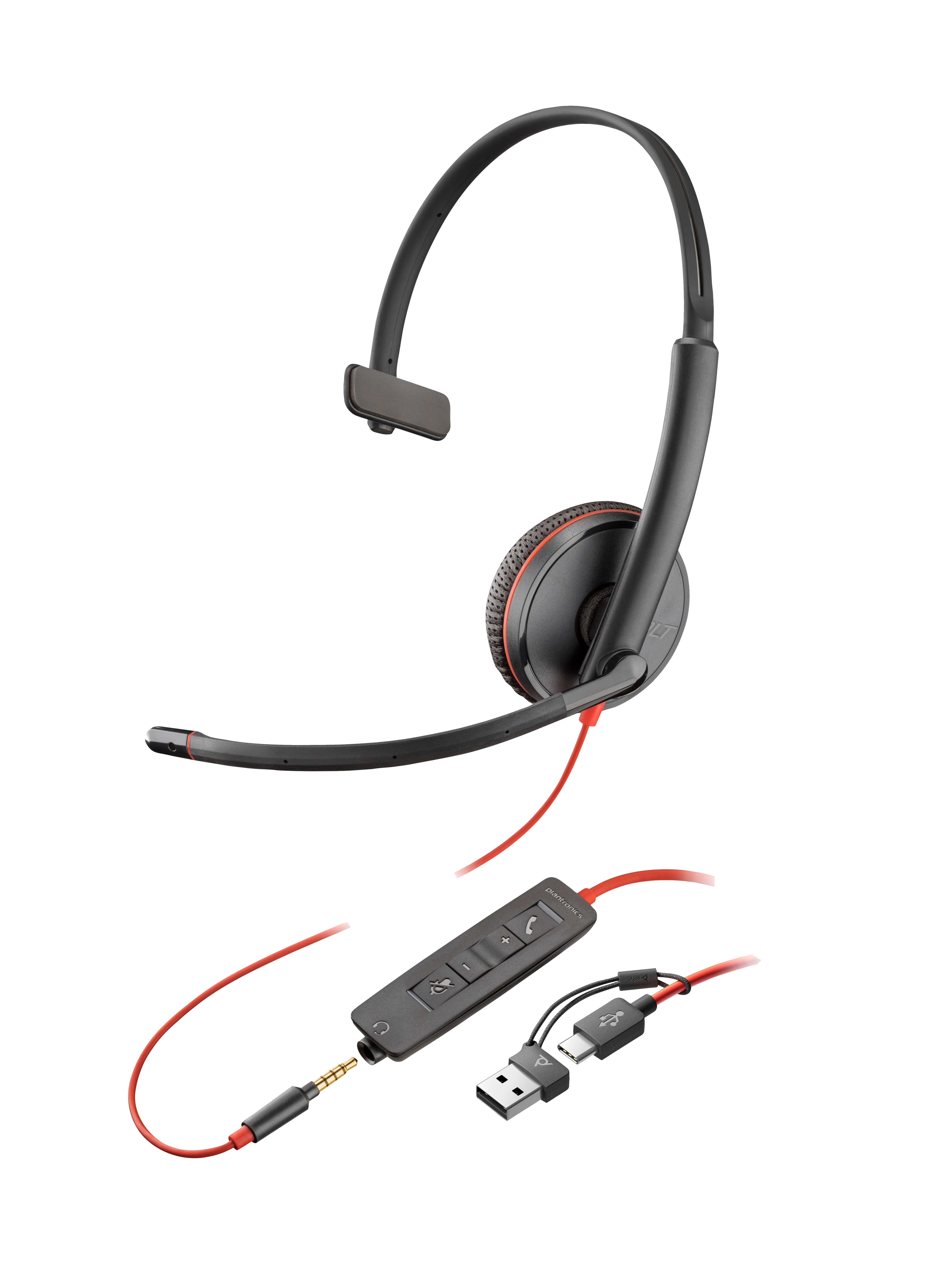 HP Poly Blackwire 3215 Monaural USB-C-headsett +3,5 mm plugg + USB-C/A-adapter