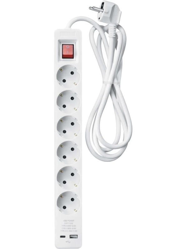 Andersson PWS-C2000 6-veis strømforgrener 3m  Strømbryter, 6 strømuttak, USB-A + USB-C, 3 m kabel