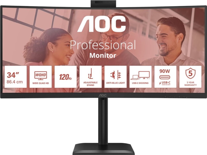 AOC 34" curved skjerm CU34E4CW 3440x1440 VA. 120hz, 4ms, 3500:1, kamera, RJ45, 2xHDMI/DP/USB-C(90w)