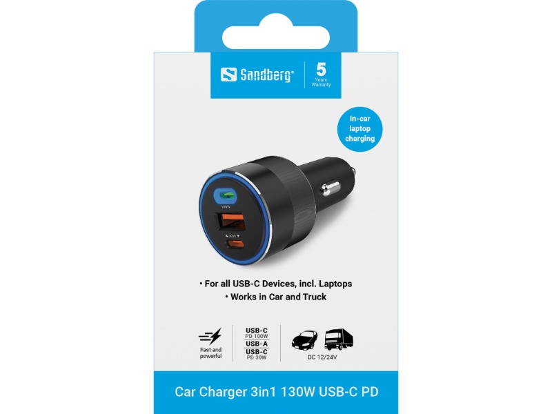Sandberg Car Charger 3in1 130W USB-C PD